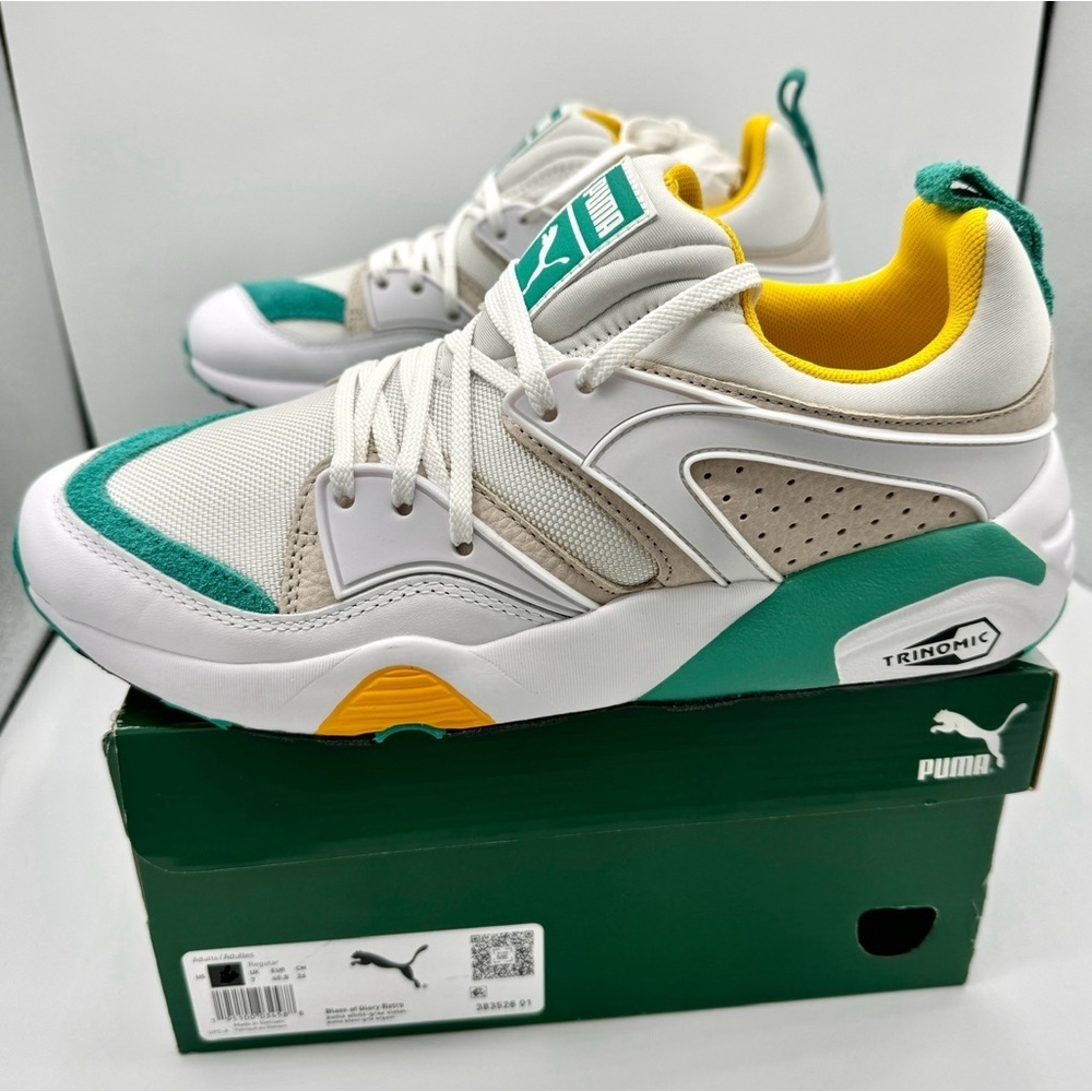 NWT Puma Blaze of Glory Retro white Sneakers Leather shoes teal accents NEW